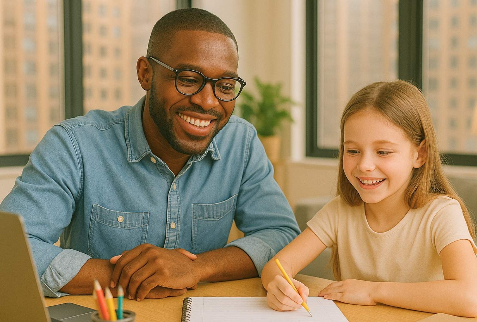 A dyslexia tutor, a Black male in his 30s, smiles while helping a young white girl write at home in a bright Manhattan apartment.