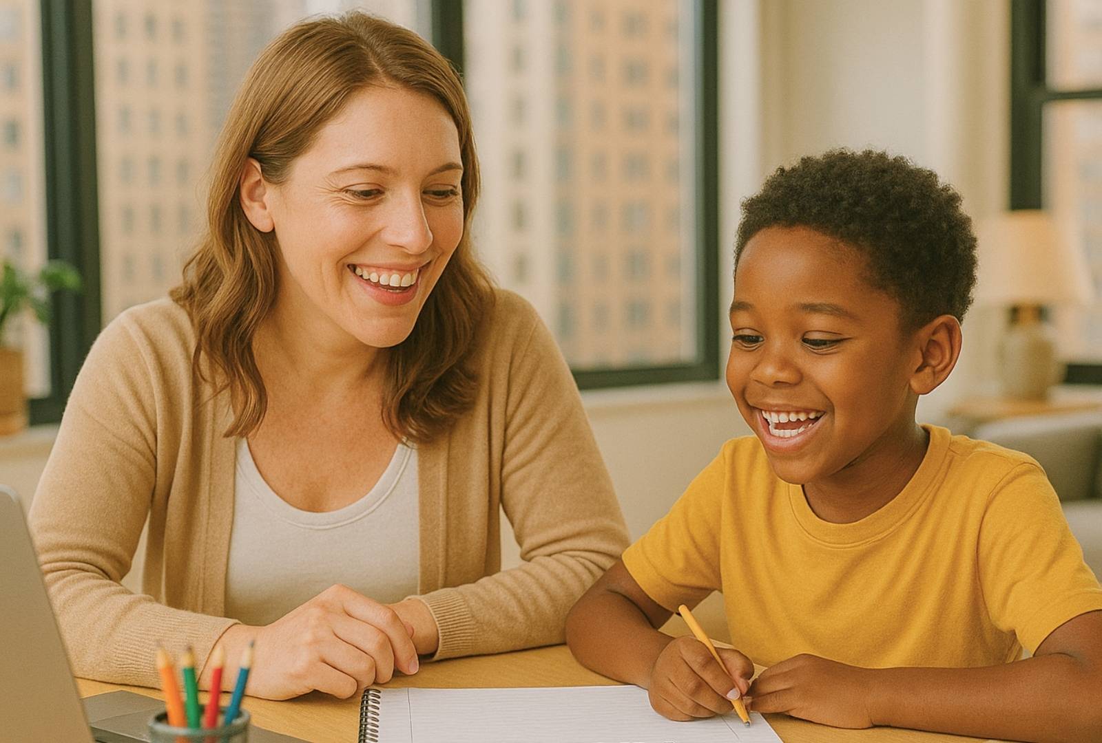 A dyslexia tutor smiles while helping a young Black boy with writing in a bright Manhattan apartment.