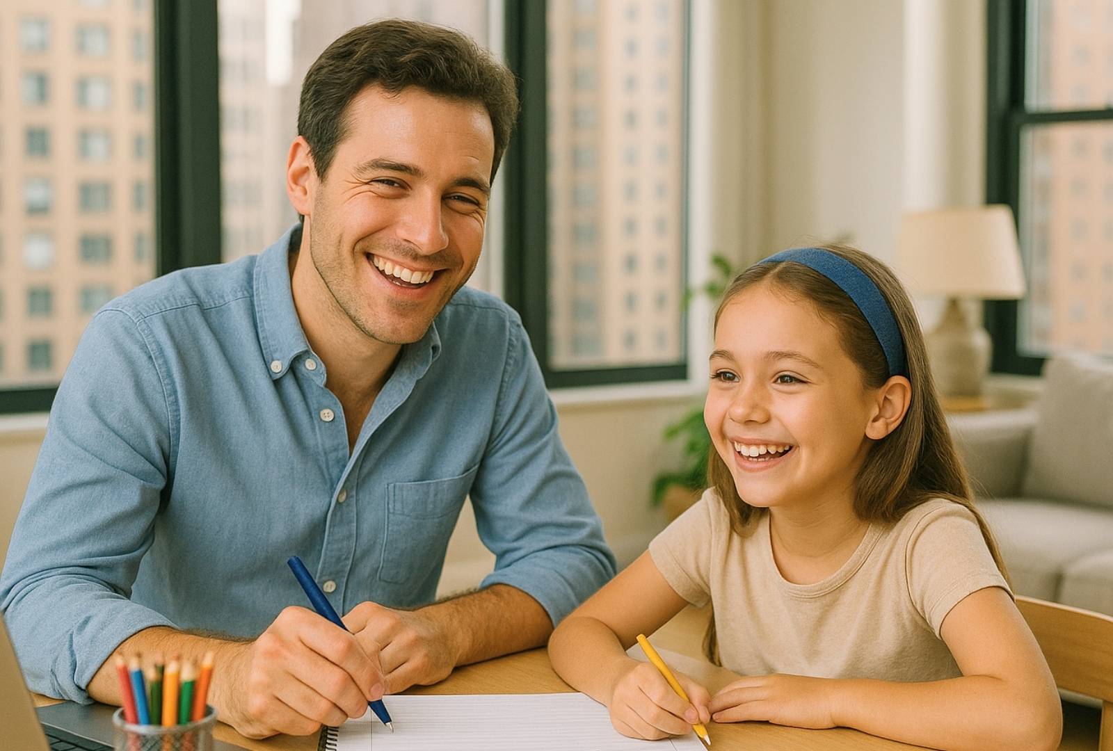 A dyslexia tutor, a cheerful man in his mid-30s, smiles while working with a young girl in a sunny Manhattan apartment.
